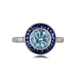 1-carat Aquamarine with Sapphire Halo Engagement Ring Top View 12644