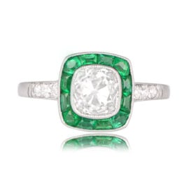 Sulham Ring Vintage Cushion Cut Diamond and Emerald Halo Engagement Ring TV