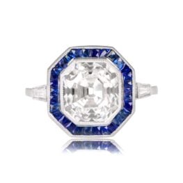 GIA-Certified Asscher-Cut Diamond Surrounded by French-Cut Sapphires Lisbon Ring 13025