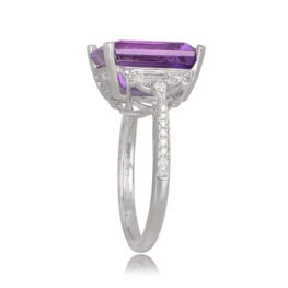 5.69 Carat 18k White Gold Ring Emerald Cut Amethyst and Round Accent TSV