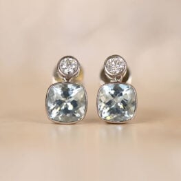 Aquamarine Estate Diamond Earrings on pink bg
