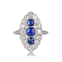 Three Stone Sapphire Surrounded by Diamond Halo Ring Norfolk Ring Top View