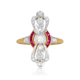 Antique Edwardian Elongated Diamond Ruby Ring - Newnan Ring 13854 TV