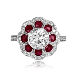 GIA-Certified 1.47ct Old European Diamond Ruby Floral Ring 14134