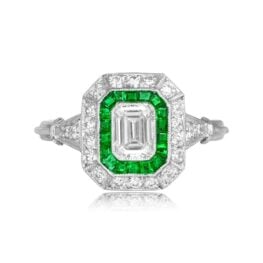 0.50 carat emerald cut diamond with diamond and emerald double halo Newbury Ring 14176
