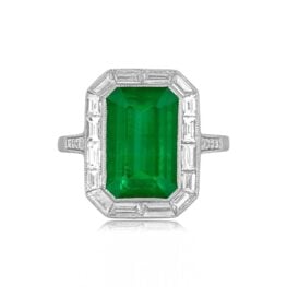 5.65 carat emerald cut emerald with 0.80 carat baguette diamond halo Bradley ring 14382