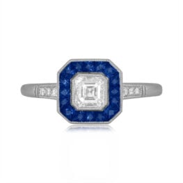 Asscher cut center diamond with sapphire halo ring Fleetwood ring 14579