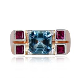 Aquamarine and Ruby Retro Ring Sesia Ring Top View 14595