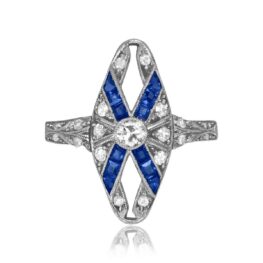 Edwardian Elongated Diamond with Sapphire and diamond filigree Paradis Ring 14748