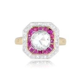 Rose Cut Diamond Ruby Halo Ring - Mayflower Ring 14891 TV