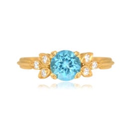 round aquamarine with leaf motif and diamond shoulders Elliston Ring