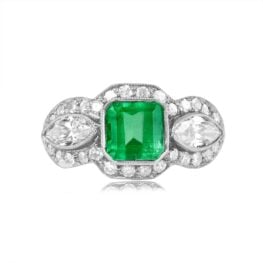 Top View Emerald and Diamond on Platinum Ring 15439