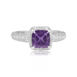 Top View Amethyst and Diamond on Platinum Ring 15748