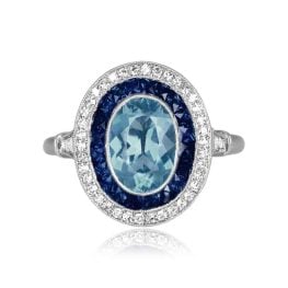 1.27 carat center aquamarine stone double halo of sapphire and diamonds Hartley Ring 15598