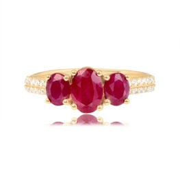 Top View Three-Stone Oval Ruby with Diamonds on Shoulder Ring 15606