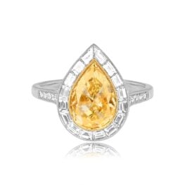 natural fancy yellow pear shaped diamond with baguette halo Tyrone ring 15704