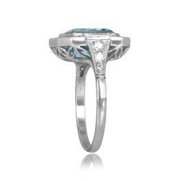 center emerald cut Aquamarine in bezel setting and Emerald Halo Platinum Almada Ring 15860