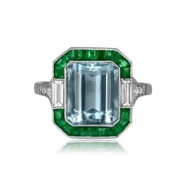 Aquamarine and Emerald Halo Platinum Almada Ring 15860