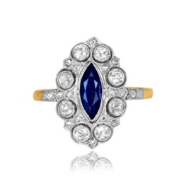 edwardian era ring marquise cut sapphre with diamond filigree Hemingford Ring 15865