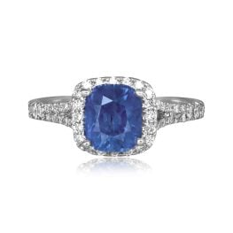centr cushion cut Kashmir sapphire 2.30 carats with diamond halo Maddox Ring HER4265