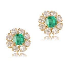 Front View Emerald and Diamond Cluster Earrings Veneto Earrings