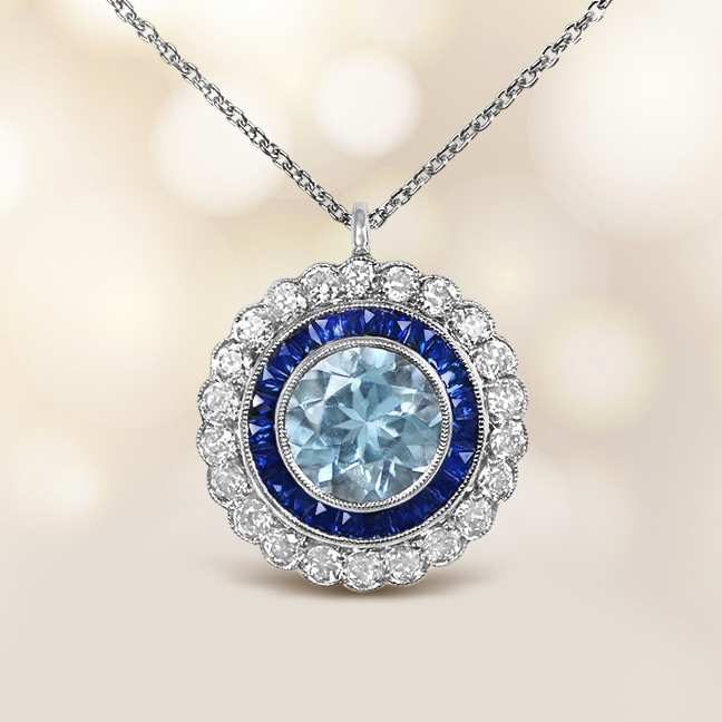 vintage diamond sapphire and aquamarine necklace pendant