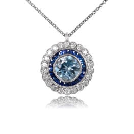 Aquamarine Floral Sapphire and Diamond Halo Pendant - Sweden Pendant