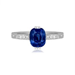 1.34 carat kashmir sapphire cushion cut with engraved platinum shank Kingstree Ring HER134
