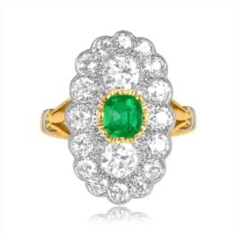 Cushion cut emerald with elongated diamond cluster Halldale Ring JN25-06