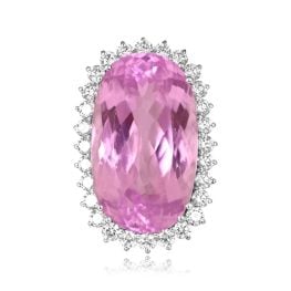 29.29 carat kunzite center stone with diamond halo around Parmele Ring ROC101