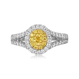 center 0.24 carat oval cut yellow diamond with white and yellow diamond double halo Altha Ring ROM26
