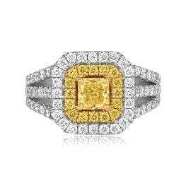 0.61 carat radiant cut center yellow diamond with double halo Falco Ring ROM50