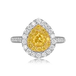 0.83 carat center yellow diamond pear shaped double halo ring Bonaire Ring ROM58