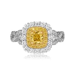 center 0.60 carat yellow diamond with double halo and diamonds on shoulders Paxton Ring ROM62