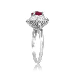 Vintage 1.45ct Burma Red Ruby with accenting Ballerina diamond design Mohnton Ring, Circa 1970 sbcs575